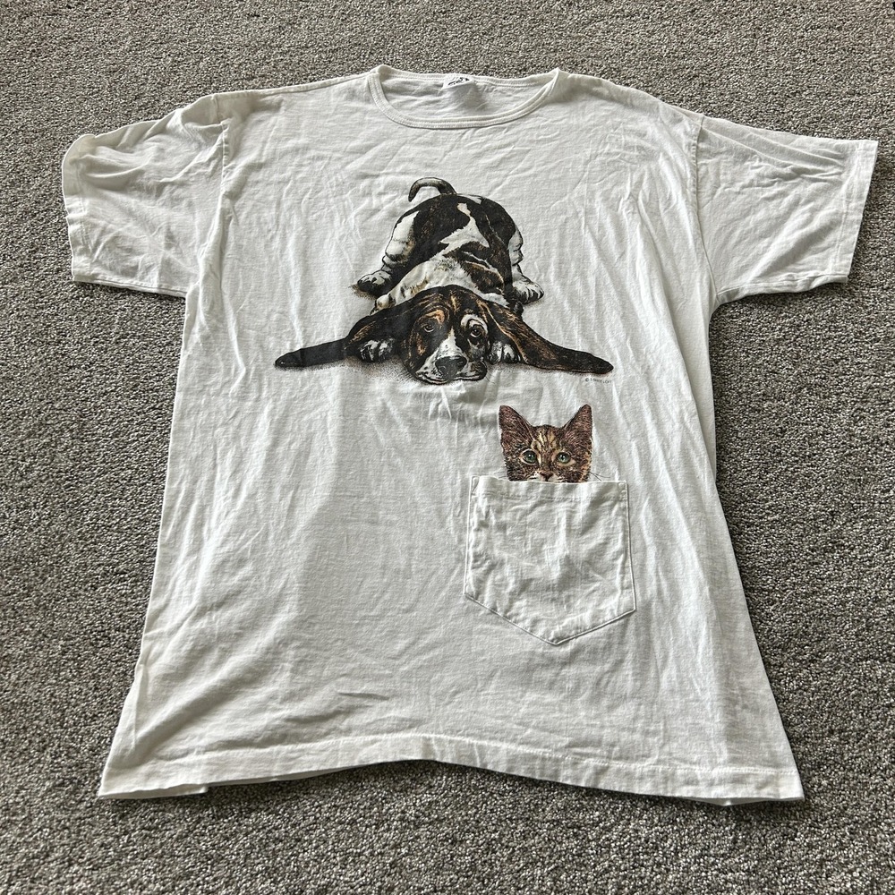Vintage Prints Of Tails Dog Cat Shirt Womens One Size White Sleep Tee T-Shirt